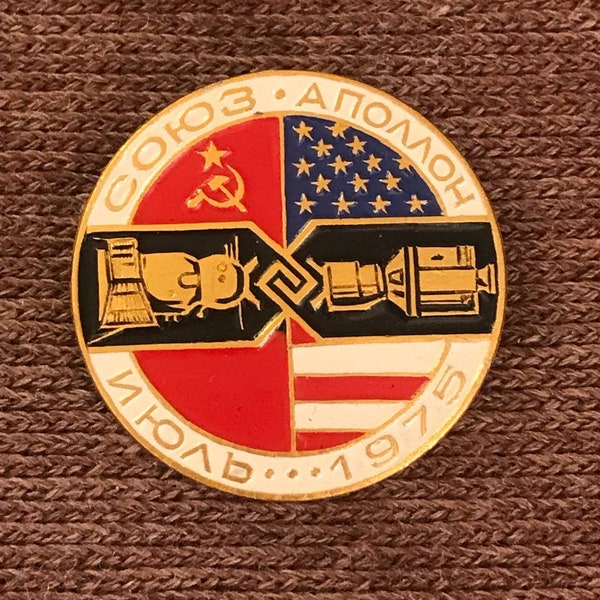 Original Soviet badge from the 70s dedicated to the joint space flight of the Soviet spacecraft "Soyuz" and the American "Apollo".