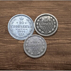 Satz von drei zaristischen russischen Silbermünzen - 20 Kopeken (1901, 1903, 1904)
