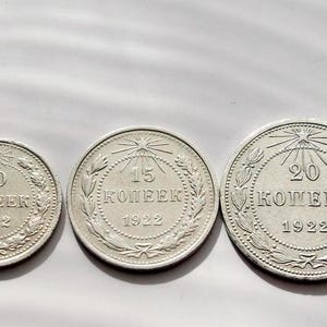 Set of 3 vintage silver coins of the USSR: 10, 15 and 20 kopecks (1922)