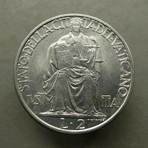 Vatican 2 Lire Coin 1942 – Pope Pius XII – “Justice” Allegory