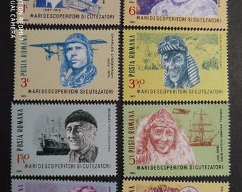 Vintage 1985 Romania Stamps Set -  Explorers & Pioneers - Neil Armstrong, Jacques Cousteau, Wright Brothers