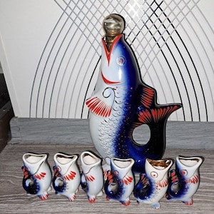 Set of Ukraine USSR Porcelain Fish Decanter with 6 Cobalt Fish Stacks