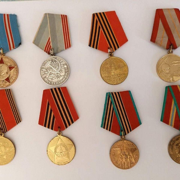 Lot of 8 medals Soviet USSR Veteran Set of 8 Medals with Ribbons Military badges Award Sign WW2 Awards Army Badges Red Star Red flag