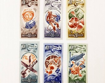 6 枚のビンテージ ソ連切手セット「宇宙時代の 20 年」1977 年 - Etsy 日本