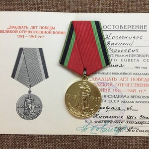 Medal of the USSR 20 Years of Victory in the Great Patriotic War of 1941-1945 with  document on the award in excellent collectible condition