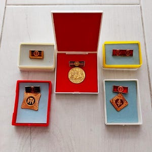 Vintage GDR Award Badges in Original Boxes – Set of 5 Rare 1970s Decorations