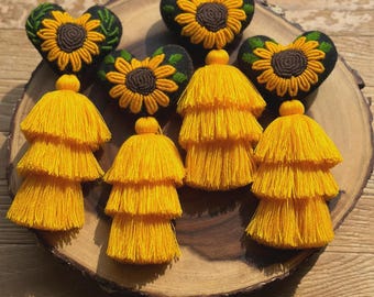 Sonnenblume Quaste, gestickte Sonnenblume Quaste, Sonnenblume Schlüsselbund, mexikanische Herz Quaste, Herz Quaste, Girasol Colgante, Colgante Mexicano,