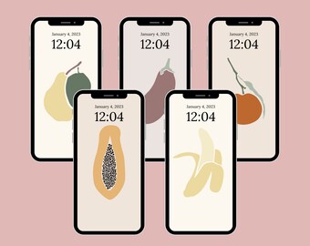 5 Fruit Phone wallpaper digital download | iPhone screen art saver | Eggplant Banana Papaya | Minimalist cute aesthetic background |