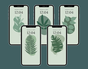 5 Green Botanical Phone wallpaper digital download | iPhone screen art saver | Minimalist cute aesthetic background | Nature gardener