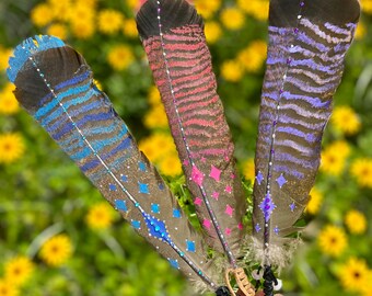 Smudging Hand-Painted Chakra Feather, Hand-wrapped, Natural 13" Wild Turkey Feather