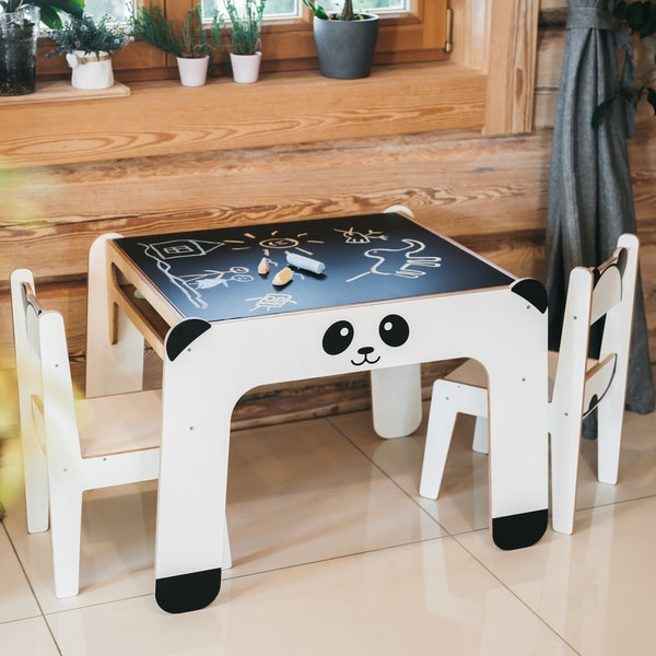 Ensemble table et chaise Panda avec rangement. Ensemble table et chaise pour tout-petit. Table avec rangement. Table d'activités pour enfants. Table avec tableau noir.