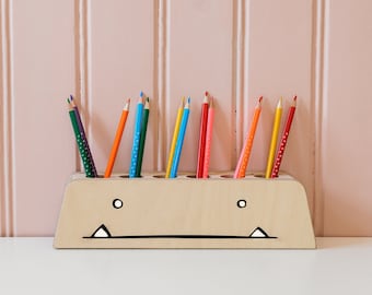 Monster Wooden Pencil Holder: Baltic Birch Kids Desk Organizer