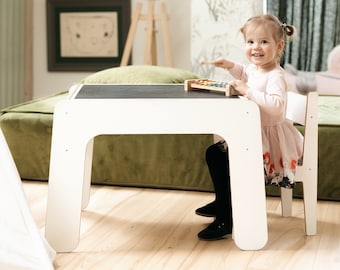Montessori Play Table and Chair Set: Birch Plywood, Reversible Blackboard Top