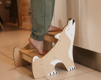 Wooden Kids Step Stool - Wolf Design Toddler