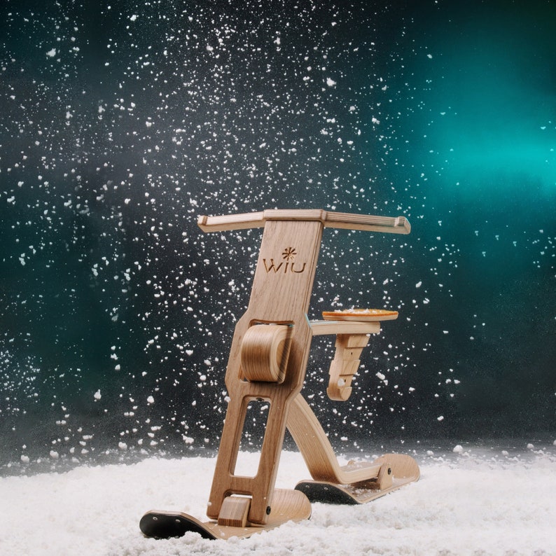以下が含まれることがあります： 雪景色の中で、Wii Uと書かれた木製のそりが写っています。そりは座席とハンドルが付いています。