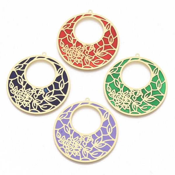 Flower Design Pendants, 42mm, Brass Enamel Etched Metal Embellishments, Matte Gold Color, Flat Round, Boho, Purple Mountain Beads