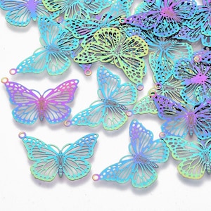 Filigree Butterfly, Rainbow Metal, about 1", Shiny, Stainless Steel Pendants, Earring, Charm, Necklace, Bracelet, Great for Earrings Thin