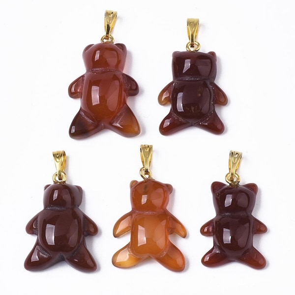 Natural Agate Pendants, Teddy Bear, Chocolate Brown, About 1 inch, Golden Plated (Brass or Iron) Snap On Bails,  Boho, Purple Mountain Beads