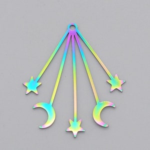 Rainbow Metal, Moon and Stars in Fan Shape, Laser Cut Stainless Steel, Thicker, Set of 5, about 1.5", Earrings, Necklaces,