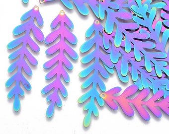 Rainbow Metal Olive Branch, Leaf, Fern, Pendants, Set of 5, Stainless Steel, Shiny, about 2 inches,  Boho, Great for Earrings Thin