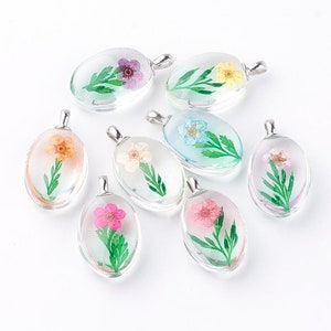 Glass Pendants, with Dried Flower Inside, Assorted Colors, 31 x 18mm, Oval, Platinum, Boho, Purple Mountain Beads