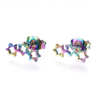 Rainbow Metal, Small 3 Stars Stud Earrings, 12mm wide, 304 Stainless Steel Stud Earrings, with Earring Backs, Purple Mountain Beads