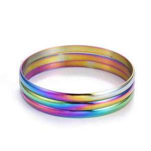 Rainbow Metal, Bangle Bracelet Set of 3, Stainless Steel, Boho, Purple Mountain Beads