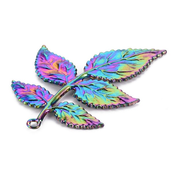 Rainbow Metal, Autumn Leaves, Large Branch and Leaves Pendant, Rainbow Alloy Pendants, 3D Front, about 3", Great for Necklaces or Home Decor