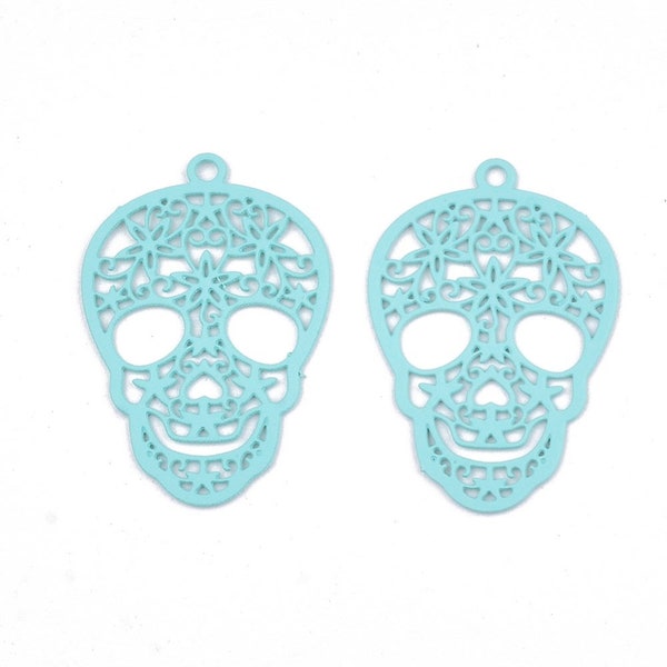 5 Light Turquoise Blue Skull Charm, about 1", Stainless Steel Filigree Pendants, Painted, Halloween, Day of the Dead, Great for Earrings