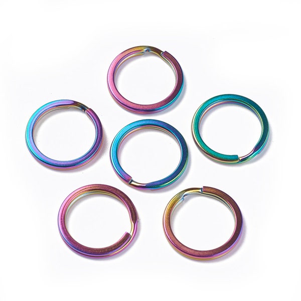 Rainbow Metal,Vacuum Plating 304 Stainless Steel Small Flat 20mm Split Key Rings, Keyring Clasp Findings, Rainbow, Multi-color, 20x2mm