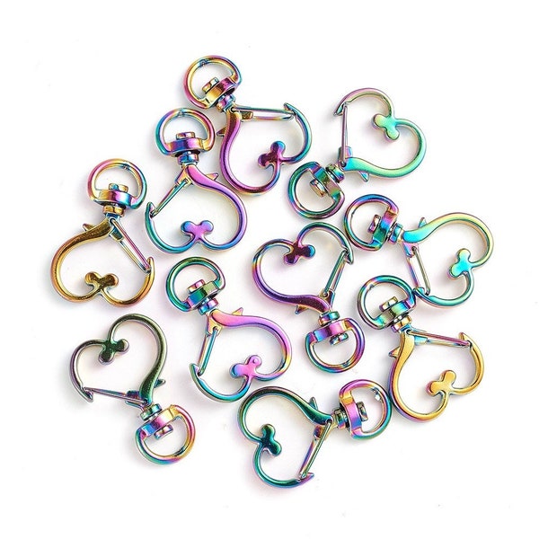 Rainbow Metal, Heart Shape Swivel Clasps, Rainbow Alloy Pendants, about 1.5" inch long, Clasp for chains, keychains, and more