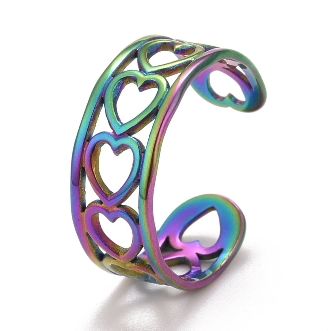 Rainbow Metal, Hearts, Open Cuff Rings, Hollow Wide Open Rings, 304 ...