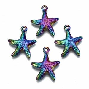 Rainbow Metal, Starfish, Rainbow Alloy Pendants, 3D Front, about 1",  Great for Necklaces, Purple Mountain Beads, Earrings, Bracelets