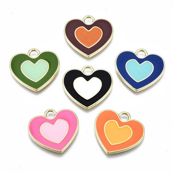 Hearts, Bright Colored Heart in Heart, Alloy Enamel Pendants, Light Gold, Mixed Colors, little under 1”, Purple Mountain Beads