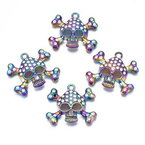 Rainbow Metal, Skull and Cross Bones with Crystal, 3D Front, Rainbow Alloy Pendants, about 1.25", Halloween, Great for Necklaces, hair