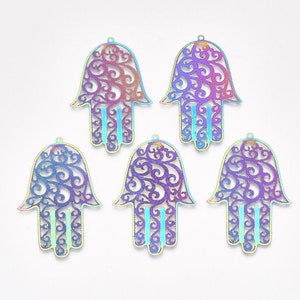 Rainbow Metal, Large Hamsa Hand, Hand of Miriam, Hand of Fatima, Pendant, 2.25 inches, Spiritual, Boho, Colorful , Great for Earrings Thin