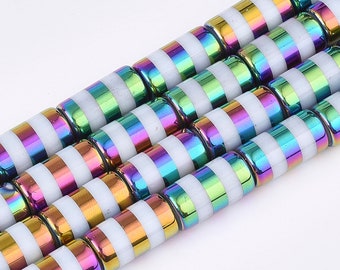 Rainbow Beads, 10mm Wide Electroplate Glass Beads, Column with Stripes, Jewelry Making,  Boho, 20mm Long, about 15 beads/Strand