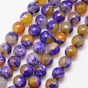 10mm Lilac Gold Natural Fire Agate Gemstone Bead Strands, Round, Faceted, Grade A, Jewelry Making, Two Color Beads, Purple Mountain Beads