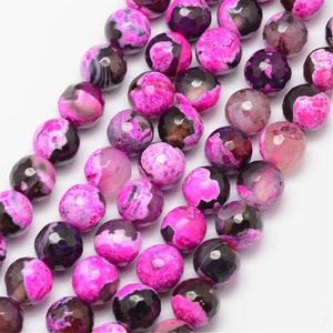 10mm Pink Natural Fire Agate Gemstone Bead Strands, Round, Faceted, Grade A, Jewelry Making, Two Color Beads, Boho, Purple Mountain Beads