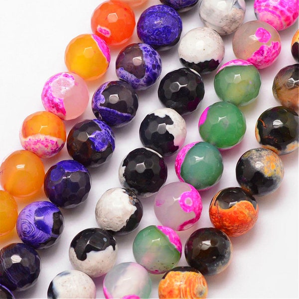 10mm Natural Fire Agate Gemstone Bead Strands, Round, Faceted, Grade A, Jewelry Making, Two Color Beads, Boho, Purple Mountain Beads