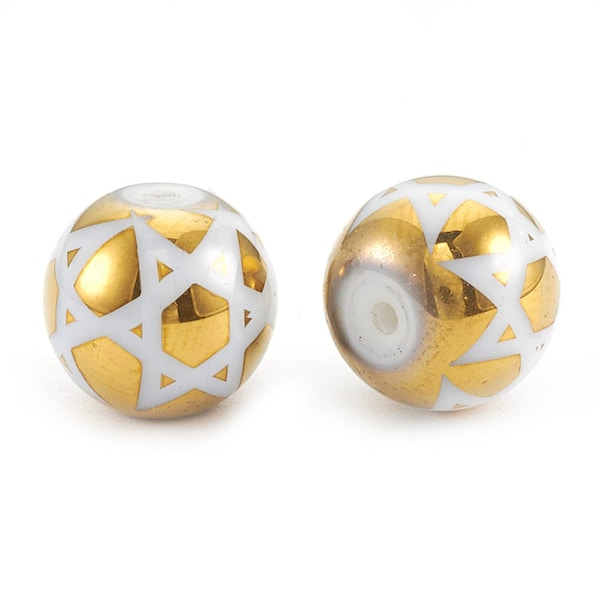 Rainbow Gold Electroplate Glass Beads, Jewish, Round with Star of David, 10x9.5~10mm, Hole: 1.2mm,