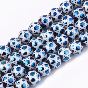 40 Rainbow Metallic Blue Electroplated Glass Beads, 11” Strand, about 40 beads, Jewish, Star of David, 8mm, Hole: 1.2mm