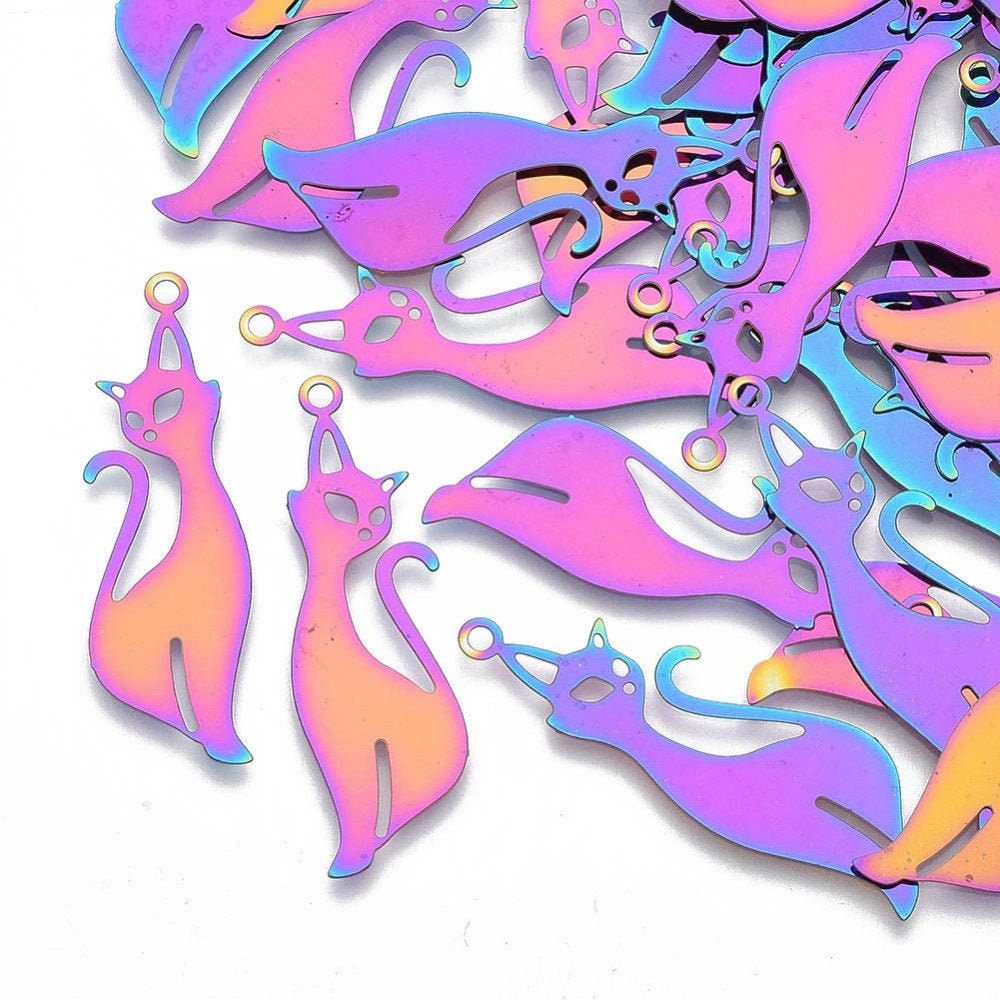 Sexy Cat, Rainbow Metal, Cool Cat, Stainless Steel Pendants for Earring, Necklace, Jewelry Making,  Making, Great for Earrings Thin