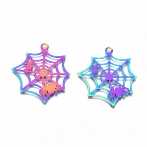 Rainbow Metal, Halloween Spider and Web, Stainless Steel Stamping Blank Tag Pendants, Halloween, Multi-color, little under 1.5”, thin