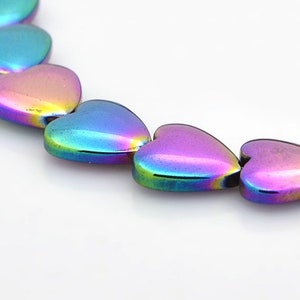 Valentine, Rainbow Hearts Synthetic Hematite, Grade AAA Strands, Shiny Metallic, 10x10x3mm, Purple Mountain Beads, Nickel Free
