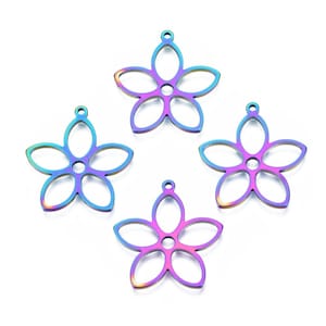 May include: Four iridescent flower-shaped charms. Each charm has five petals and a small loop at the top for attaching to jewelry. The charms display a gradient of colors, including blue, purple, and pink, creating a vibrant and eye-catching effect.