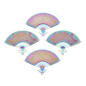 May include: Four decorative fans with a floral design. The fans are in a rainbow color scheme with shades of pink, blue, and gold. The fans are arranged in a square pattern against a white background.
