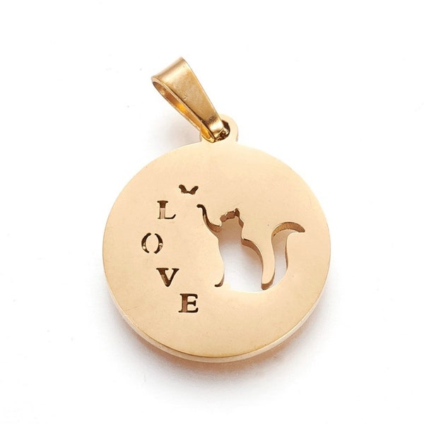 Love Kitten Chasing Butterfly Pendants, 304 Stainless Steel, Flat Round with Cat & Word Love Shape Cutout, .67 inches, Gold Color