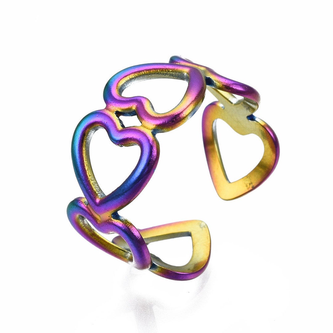 Rainbow Metal, Heart Pattern, Open Cuff Rings, Hollow Wide Open Rings ...