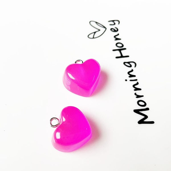 Hot Pink Bright Colored Hearts Transparent Resin Pendants, with Platinum Tone Metal Loops, Heart little bigger than .5”